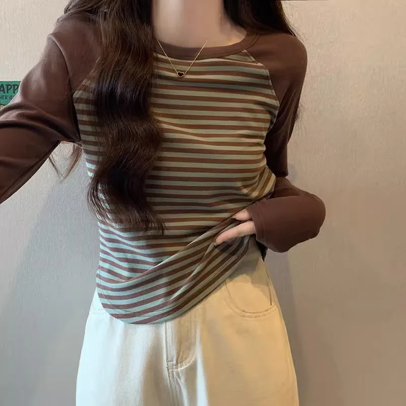 

New Fashion 2024 Women Tops Contrast Color Winter Autumn T- Shirt Female Clothing Sexy Crop Top Clothes Casual Blouse Y2k Girl