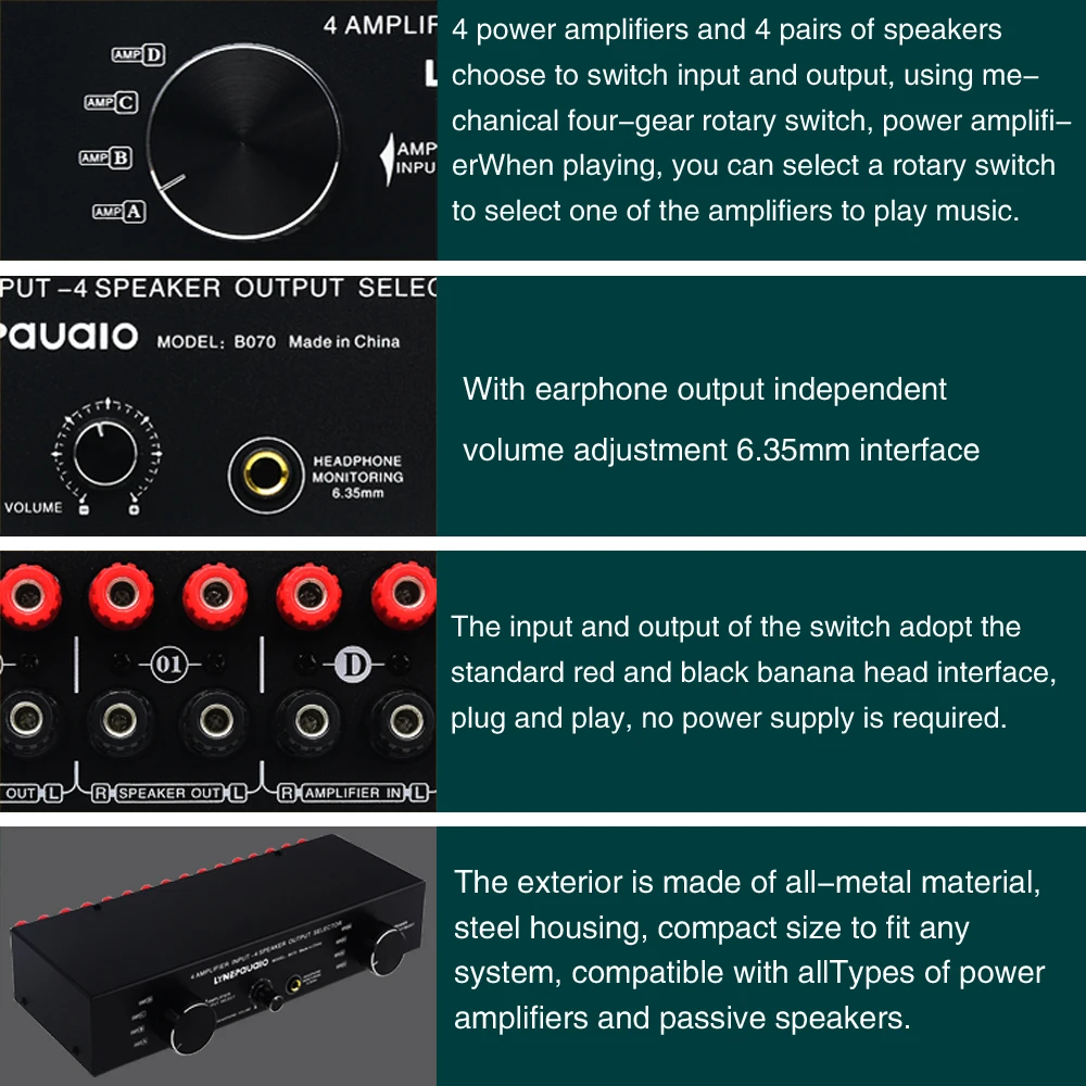 4 Input 4 output Power Amplifier Speaker Selector Switcher