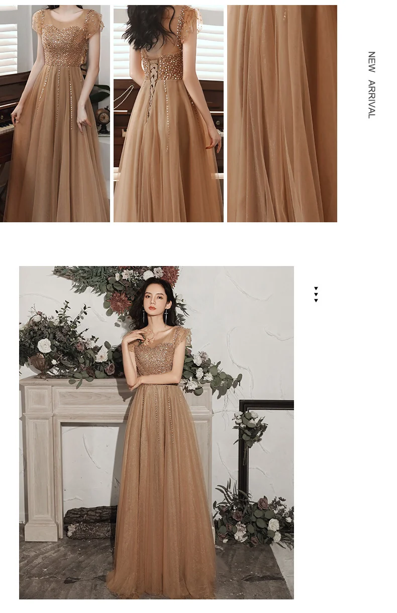 Luxury Handmade Beaded Sequined Tulle Evening Gowns Long 2021 Elegant O-Neck A-Line Floor-Length Backless Long Women petite formal dresses & gowns