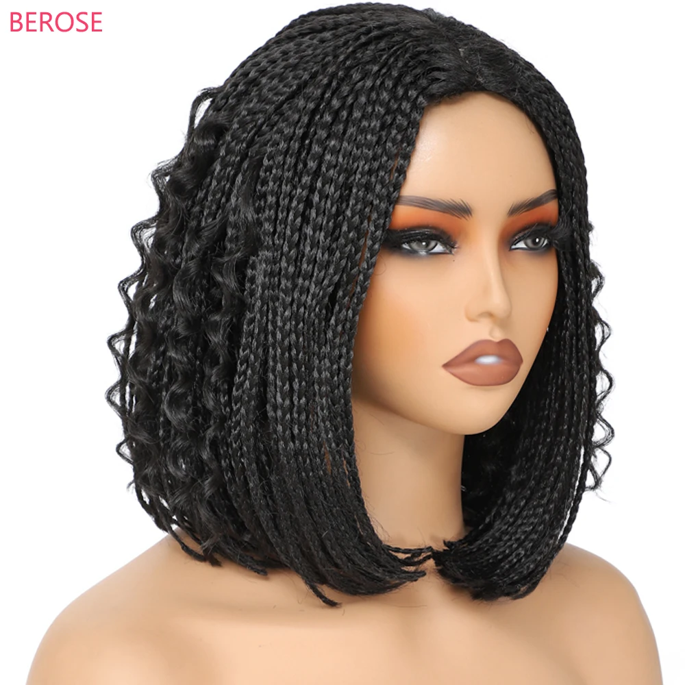 Ombre 1B 27 Burgundy 30# Boho Box Braids Crochet Hair Wigs peruque naturel femme Short Box Braided Wig with Curly Hair for Girls