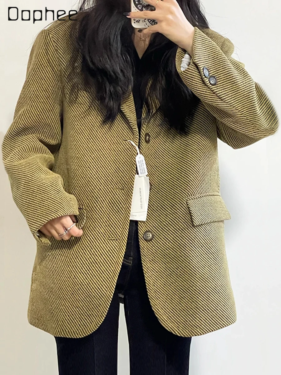 Elegant Yellow Suit Twill Short Woolen Coat for Women 2023 Autumn and Winter New Korean Style Loose Thickened Quilted Wool Coats