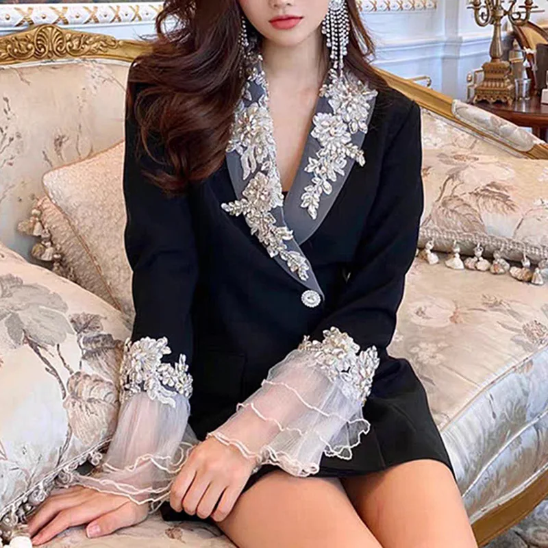Embroidery Designs Embroidered Blazer Dress Spring Autumn New Embroidery  Spliced Mesh Diamond Luxury Suit Jacket Lapel