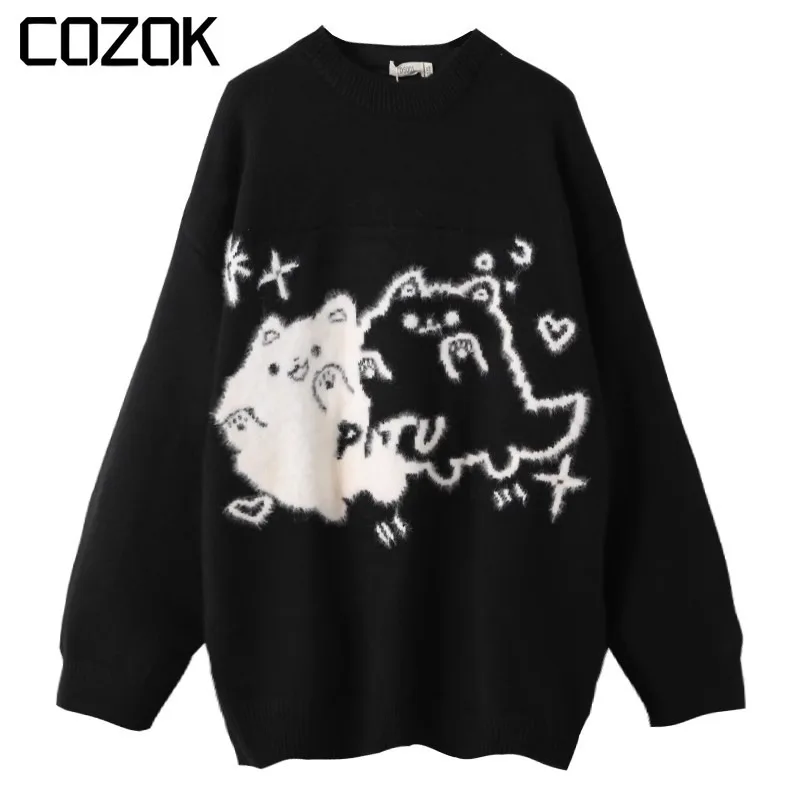 

Autumn Mens Oversized Knitted Sweaters Hip Hop Cute Cartoon Graphic Jumper Streetwear Harajuku Fashion Casual Pullovers Clothing
