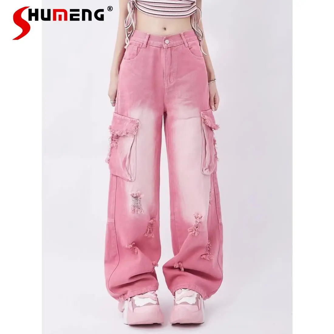 

Pink Baggy Cargo Pants Y2K Clothing Multi-Pocket Relaxed Fit Jeans Fairy Grunge Clothes Alt Emo Streetwear Denim Pants