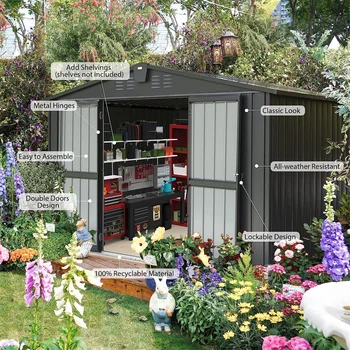 Outdoor metal tool shed, 10'x 8 ', garden storage shed, large tool shed, Galvanized Steel，garden，backyard，shed outdoor storag ， 3