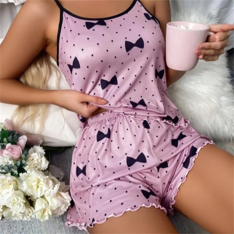 New women's sleepwear set with blue heart-shaped printed suspender casual elastic and comfortable sleepwear all season home wear