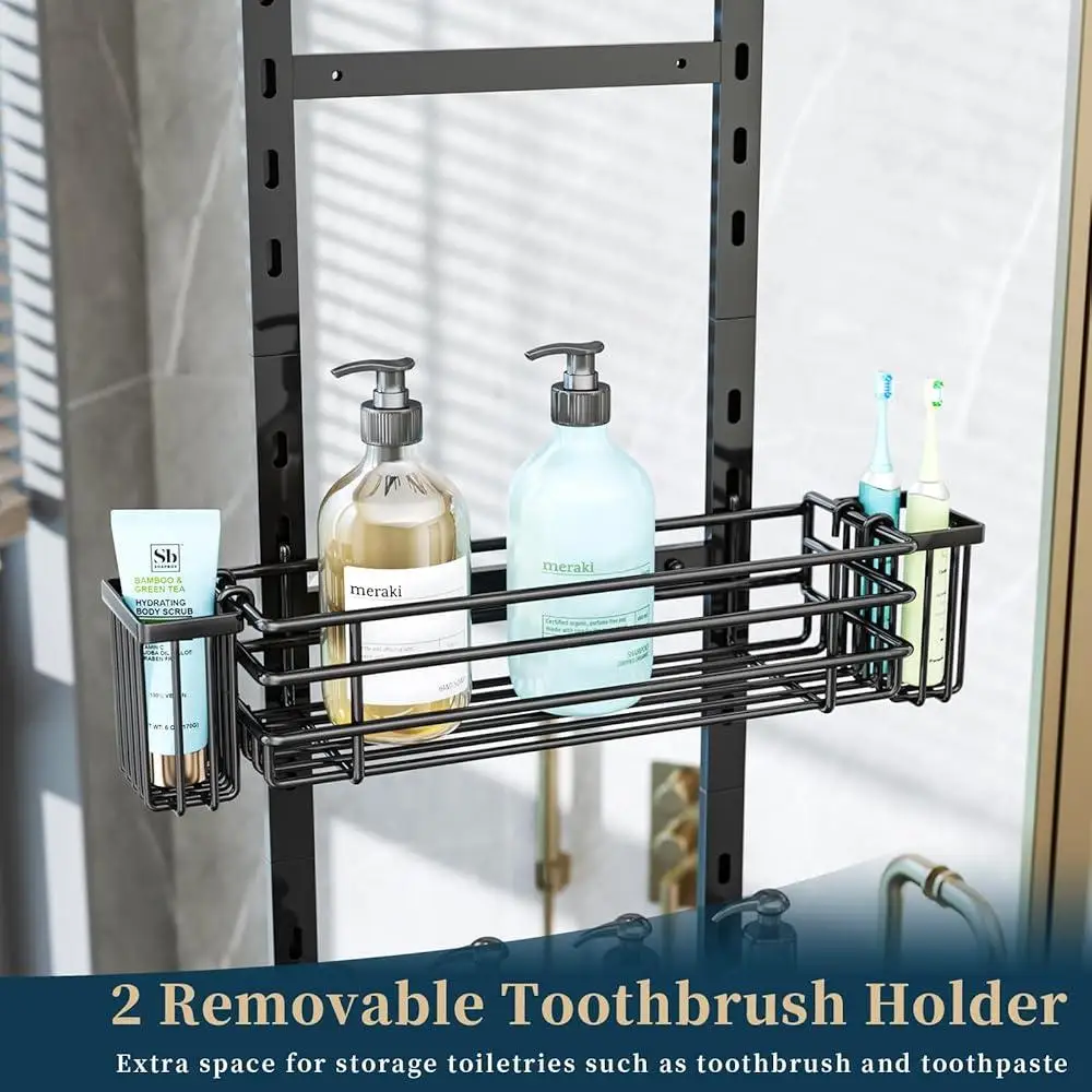 Over The Door Shower Caddy 5 Tier Rustproof Adjustable Organizer with 2 Toothbrush Holders 4 Hooks Space Saving Bathroom Shelf 4