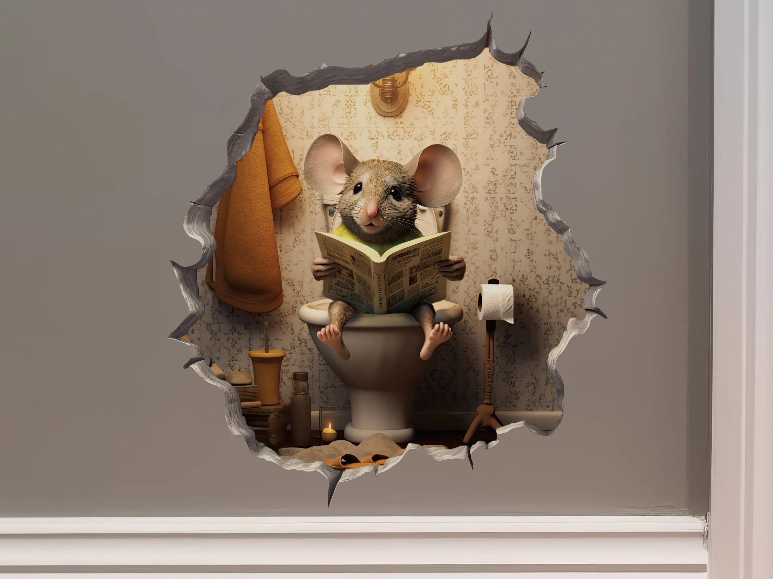 Cartoon Mouse Reading Sitting On Toilet In Mouse Hole Wall Sticker Decalcomania Per Laptop Scala Porta Bagno Home Decor