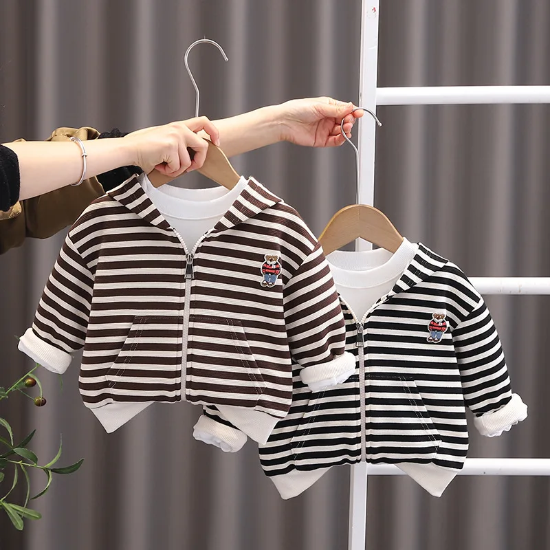 Girls Hooded Coat Boys Striped Cartoon Cotton Jacket Spring Autumn New Children Fashion Casual Cute Clothes 12M-6 Years Old