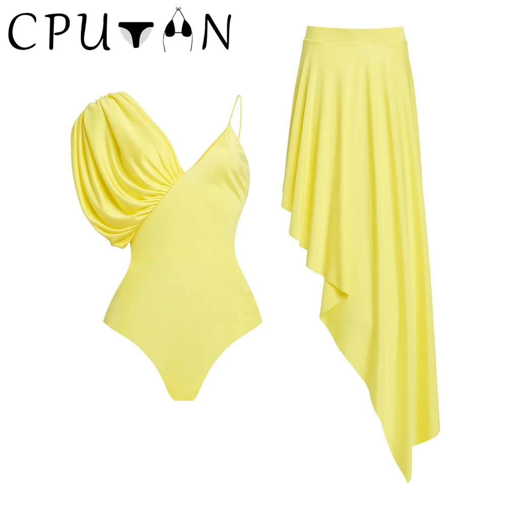

CPUTAN 2023 New Sexy 3D Flower One Piece Swimwear Skirt Women Yellow Ruffle Swimsuit Beachwear Bikini Set Bathing Suit Dress