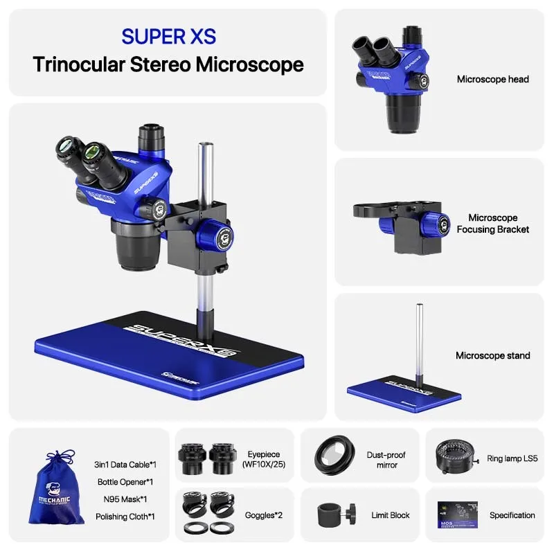 메카닉 SUPER XS 삼안 실체 현미경 6.5-45배율 휴대폰 PCB 전자 납땜 도구 키트 카메라 4KHD WF10x25 접안렌즈