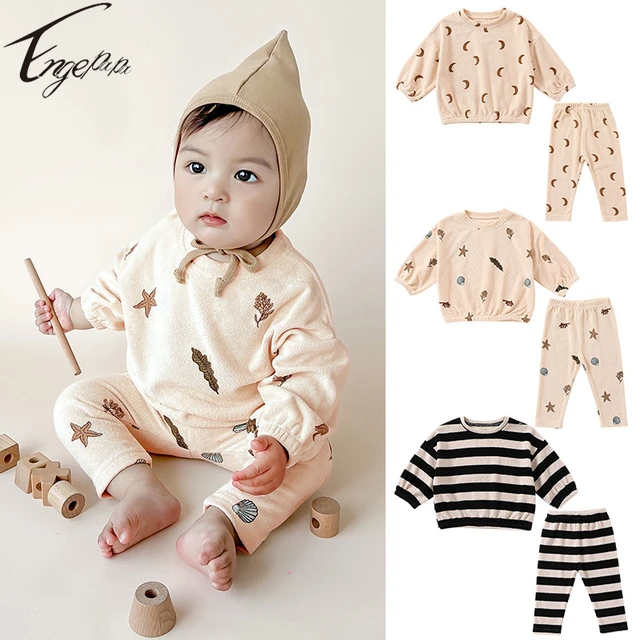 European Style Baby Boys Girls Printed Suit Toddler Baby Striped Set Boys  Long Sleeves Top+