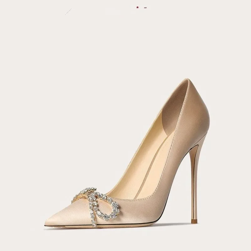 Spring/Summer New Pointed Shallow Mouth Silk Surface Water Diamond Bow Single Shoes Thin High Heels Banquet Dress Women's Shoes 4