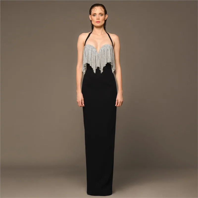 

Women Sleeveless Halter Camis Dresses Drill Nets Bandage Hip Skirt Backless Ankle-length V-neck Spaghetti Strap Slim Sexy Gown