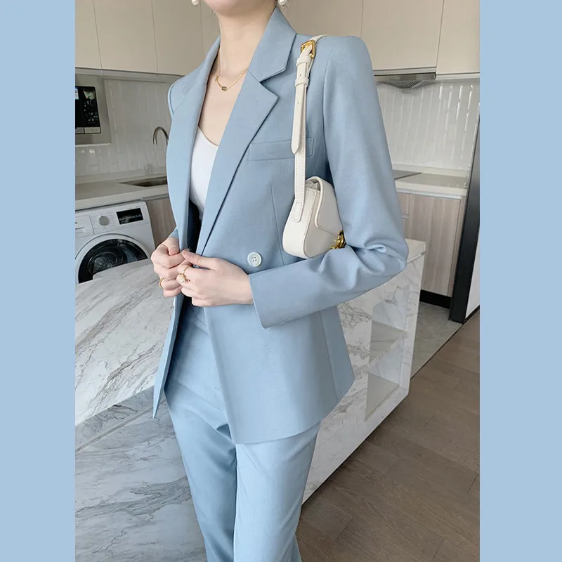 Sky Blue Women's Business and Professional Clothing Office Commuter Slim Fit Wedding Party Dress (Jacket+Pants)