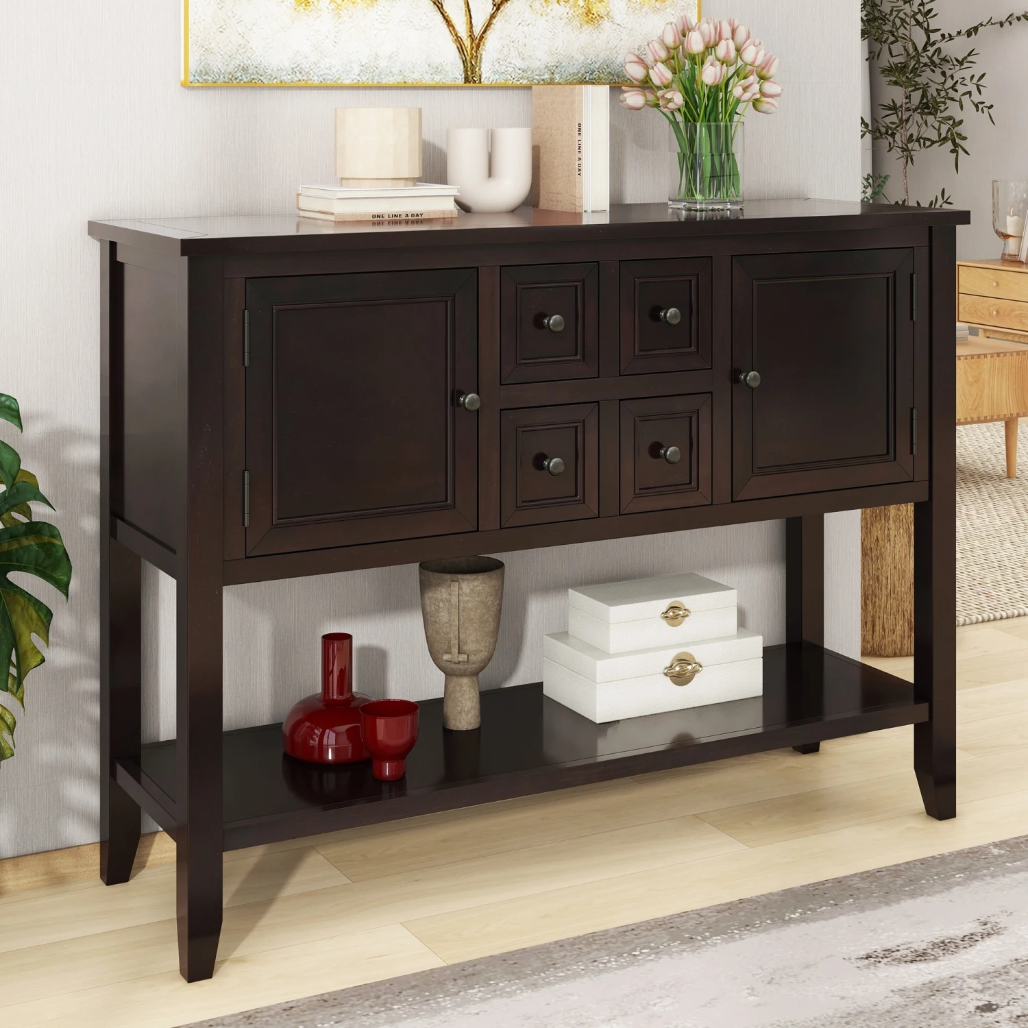 

Vintage Ample Storage Cambridge Series Espresso Console Table with Four Small Drawers and Bottom Shelf for Living Rooms, Entranc