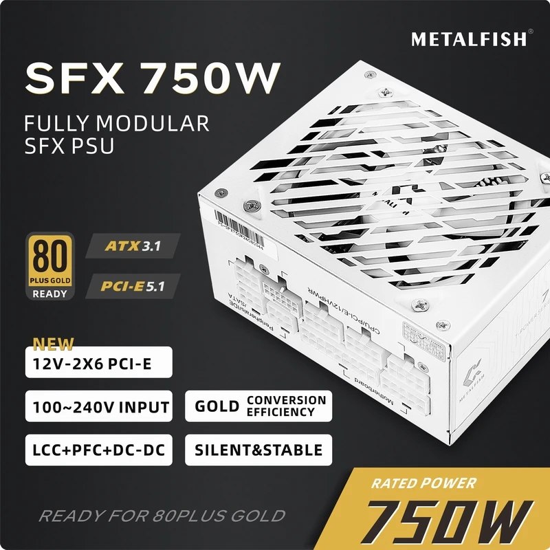 METALFISH SFX-750W White Beluga ist ein vollständig modulares 80 Plus Gold PC-Netzteil für Mini-ITX- und Micro-ATX-Systeme, unterstützt ATX 3.1/PCI-E 5.1 und hat einen Eingang von 100–240V.