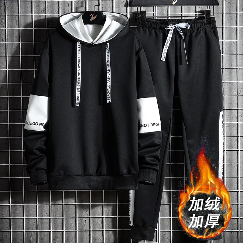 Autumn Winter New Loose Casual Printed Hoodies Pants Set Men Add Velvet Patchwork Fashion All-match Hooded Top Sweatpants Suit