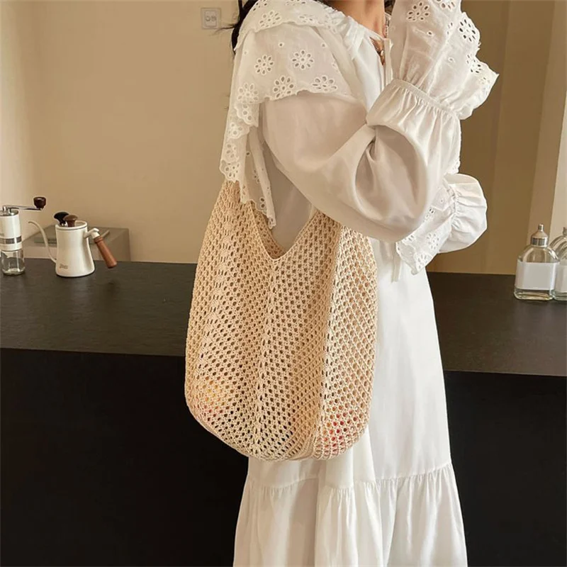 Fashion Women's Large Capacity Hollow Woven Shoulder Bag Solid Color Crochet Tote Handbag Mesh Knitting Underarm BagSummer Beach