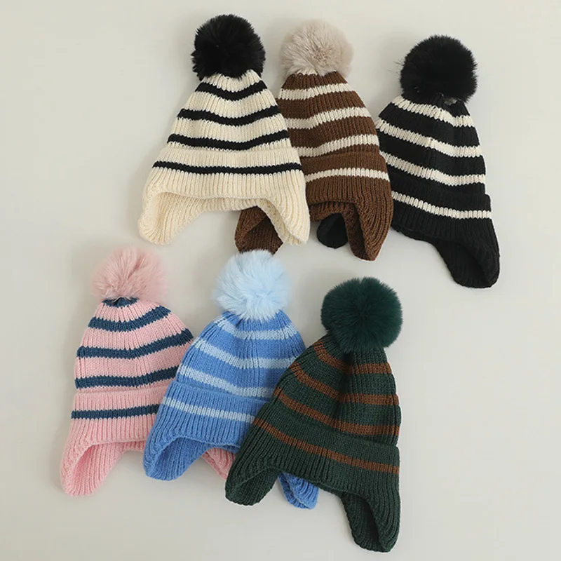 

Baby Woolen Hat Winter Kids Knit Cap Striped Ear Protection Caps Toddler Infant Beanie with Hairball Korean Boy Girl Accessories