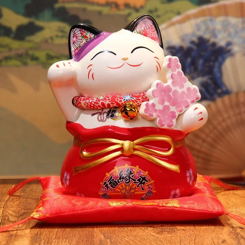 

7 Inch Ceramic Lucky Fortune Cat Love Couple Gift Maneki Neko Souvenirs Figure Peach Blossoms Coin Bank Money Box Ornament