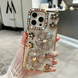 Glitter Diamond Flower Plating Bling Rhinestone Soft TPU Clear Phone Case - iPhone 15 (Gold)