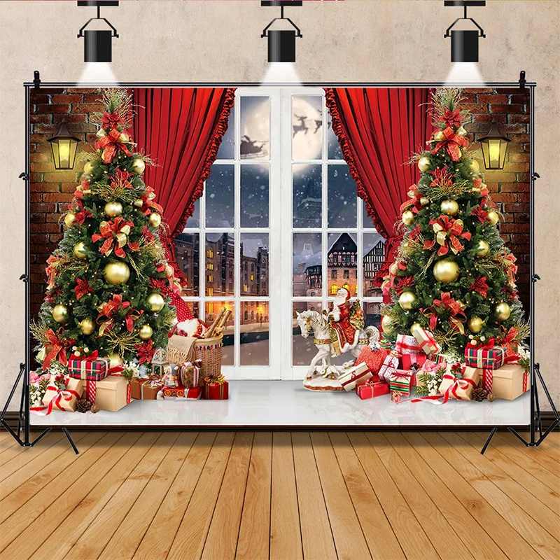 

SHENGYONGBAO Christmas Tree Flower Wreath Wooden Gift Photography Backdrop Window Snowman Cinema New Year Background Prop GHH-96