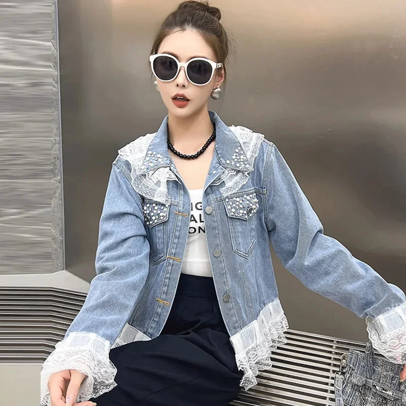2025 Spring Autumn Women's Nail Bead Short Denim Jacket Female New Korean Version Design Sense Fashionable Lace Edge Jacket Top