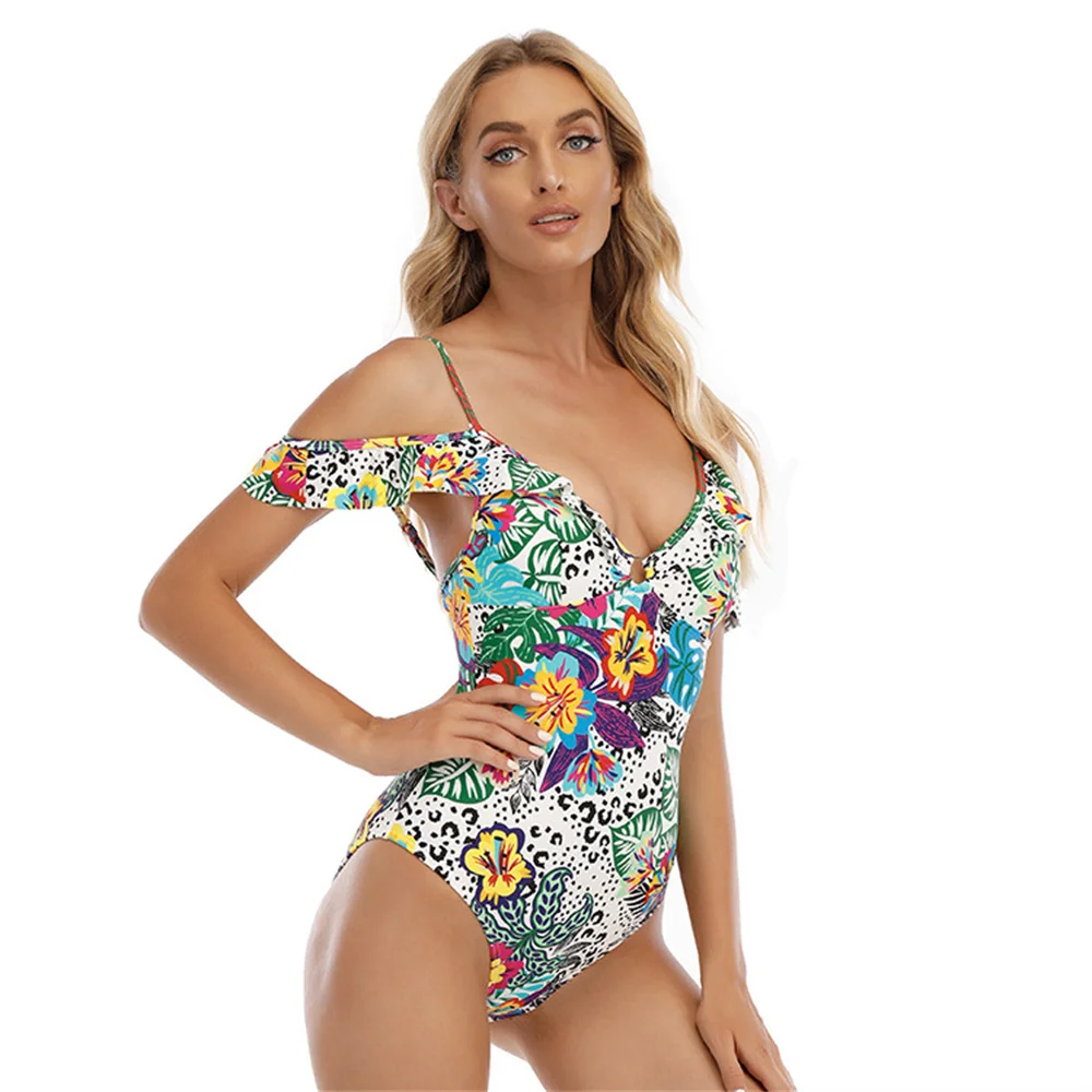 Shoulder triangle one-piece sexy women's swimsuit women's swimsuit print vintage steel push-up bra bikini