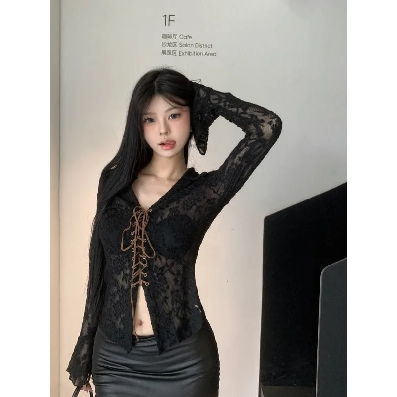 QWEEK Lace Up Flare Sleeve Cardigan Woman Y2k Vintage V Neck Blouses Summer Korean Style Transparent Casual Chic Youthful 2024