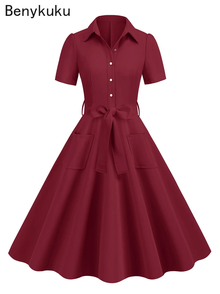 

Red Vintage Pinup Robe Cotton Long Dresses 2024 Office Outfits Women Button Up Belted Rockabilly Swing Elegant Dress Moda Mujer