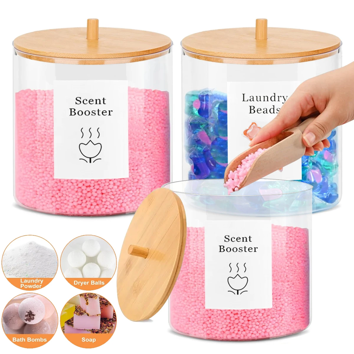 Set 4 Contenitori Per Detersivo E Fogli Asciugatrice, Con Misurini Ed Etichette – Organizer Bucato In Plastica