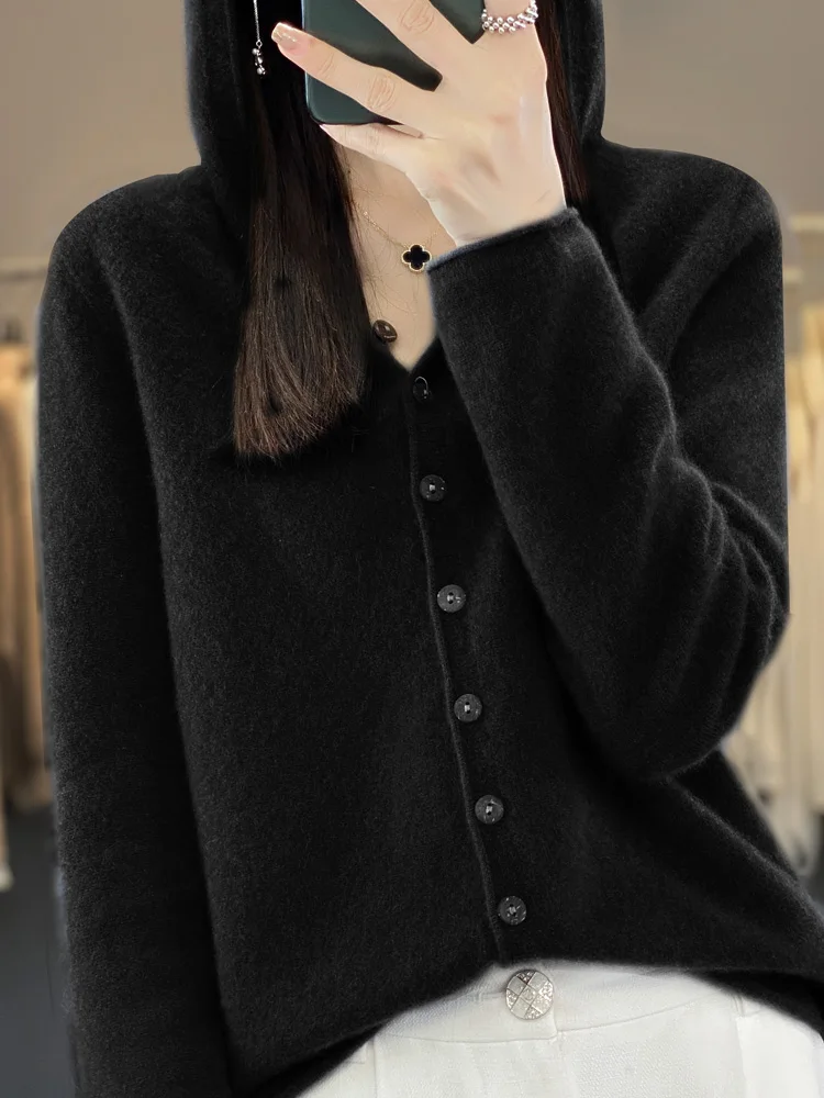 여성용 캐시미어 가디건, 100% 메리노 울 스웨터, 한국 후드티, 긴팔 소프트 니트웨어, 캐주얼 상의, 용수철 가을 패션
