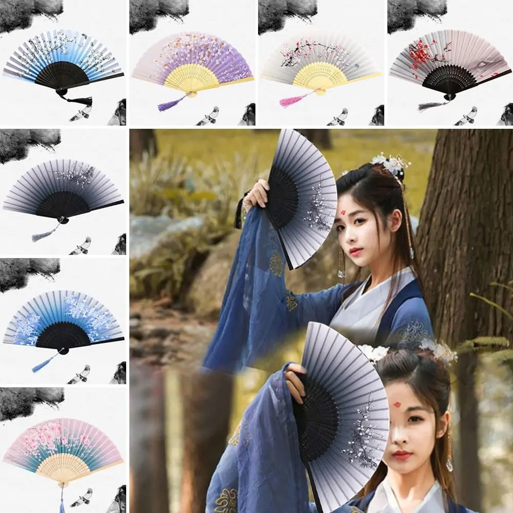 Bamboo Chinese Japanese Folding Fan Silk Tassel Elegent Female Fan Shank Classical Dance Colorful Hand
