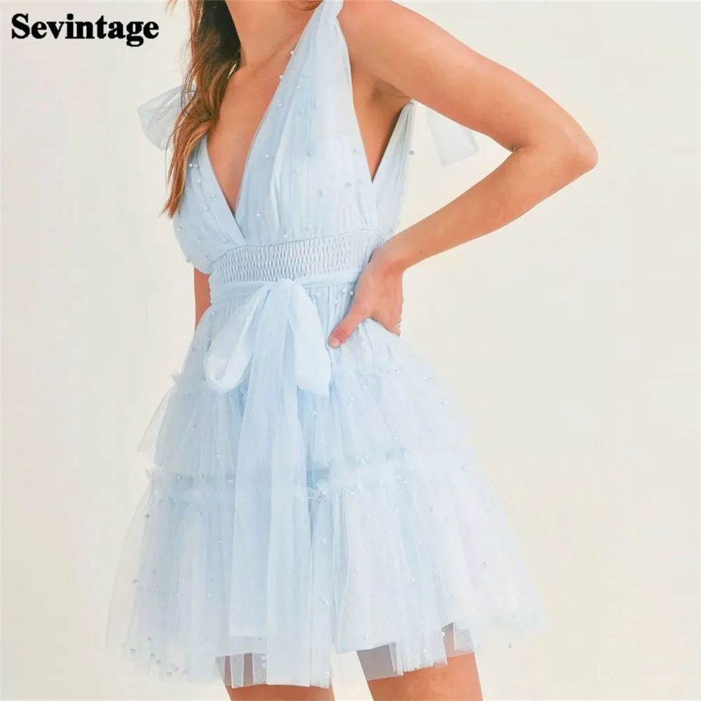 

Sevintage Vintage Light Blue Prom Dresses Spaghetti Strap Pleat Ruched Belt Above Knee Homecoming Dresses vestidos de graduación