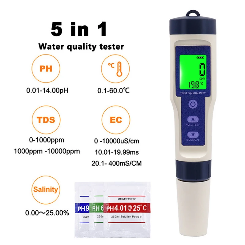 5 in 1 PH Tester TDS/EC/PH/Salinity/Temperature Meter Digital Water Quality Monitor Tester for Pools, Drinking Water, Aquariums