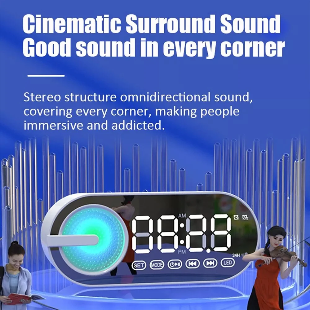 Quiet Wireless Bluetooth Speaker Alarm Clock RGB TWS USB LED Mirror Digital Clock FM Large Display Living Room Office Decoration