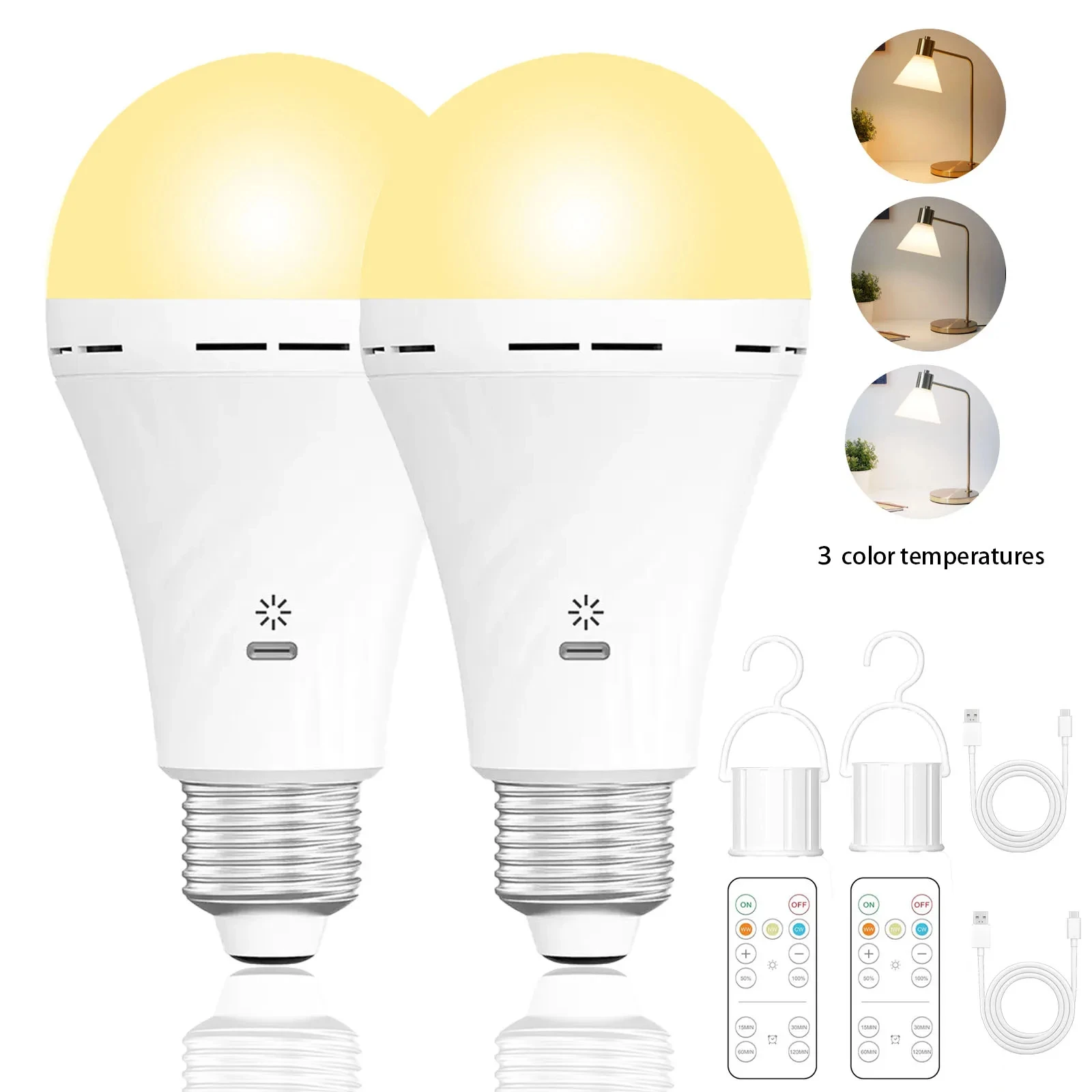 USB-C Rechargeable Emergency Bulb E27 Socket Tri-Color Temperature (3000K-6000K) Remote Control For Living Room Bedroom