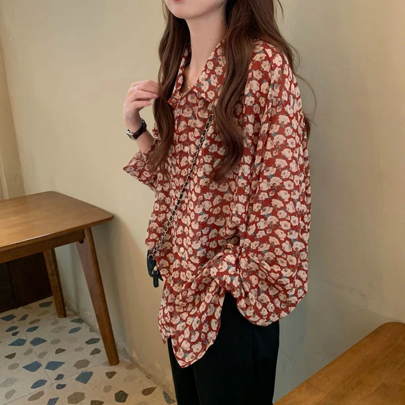 Fall 2020 new gentle floral chiffon long sleeve thin type screen shirt top WOMEN'S design sense deli