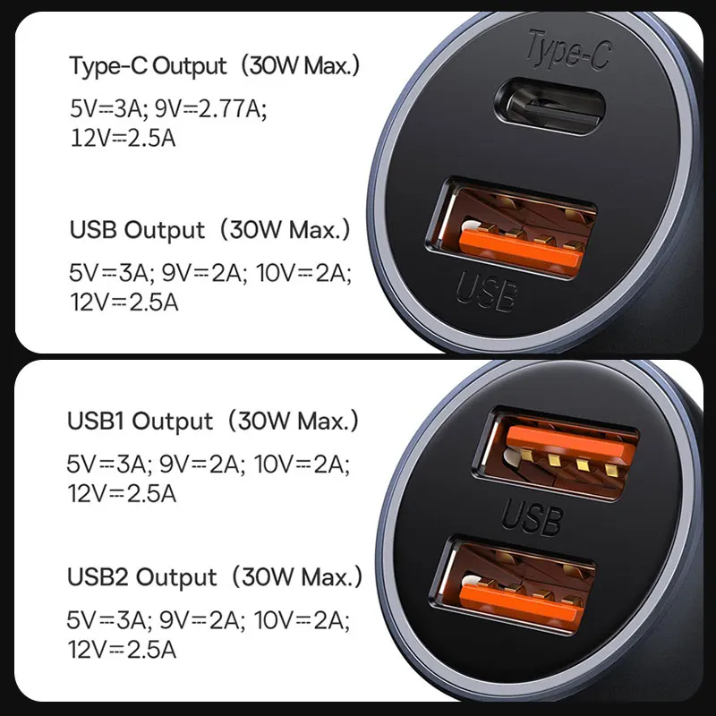 Phone Charger Baseus 60W Metal USB Type C Car Quick Charge SCP AFC QC 4.0 PD 27W USBC for iPhone Xiaomi Huawei Samsung