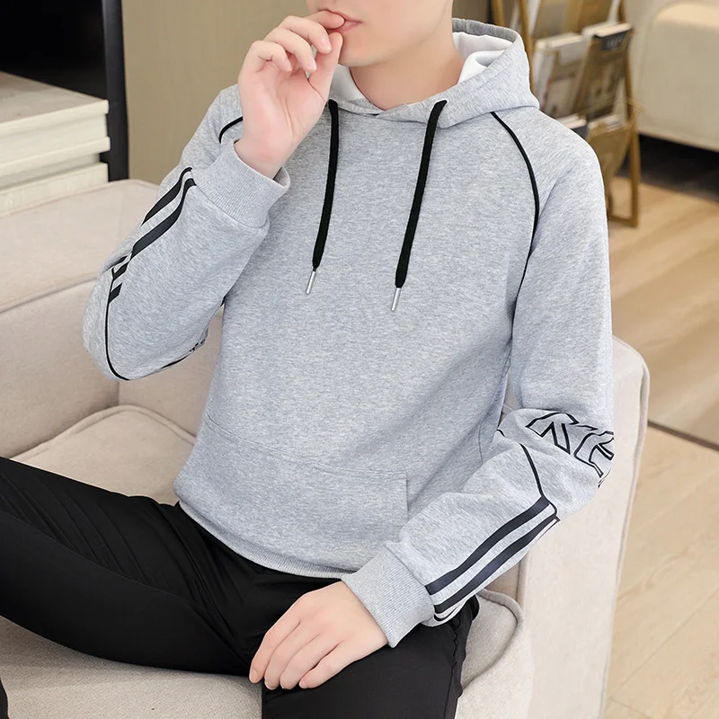 Autumn Winter Men's Hooded Solid Stripe Drawstring Screw Thread Letter Printing Lantern Long Sleeve Hoodies Fashion Casual Tops