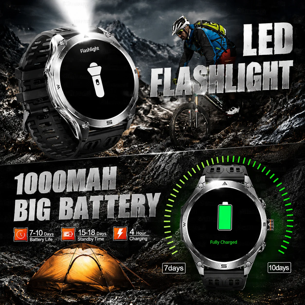 2026 New Military Smart Watch 1000Mah Battery GPS trace Compass 10ATM Waterproof Tactics Sport Flashlight call Smart Watch Men 6