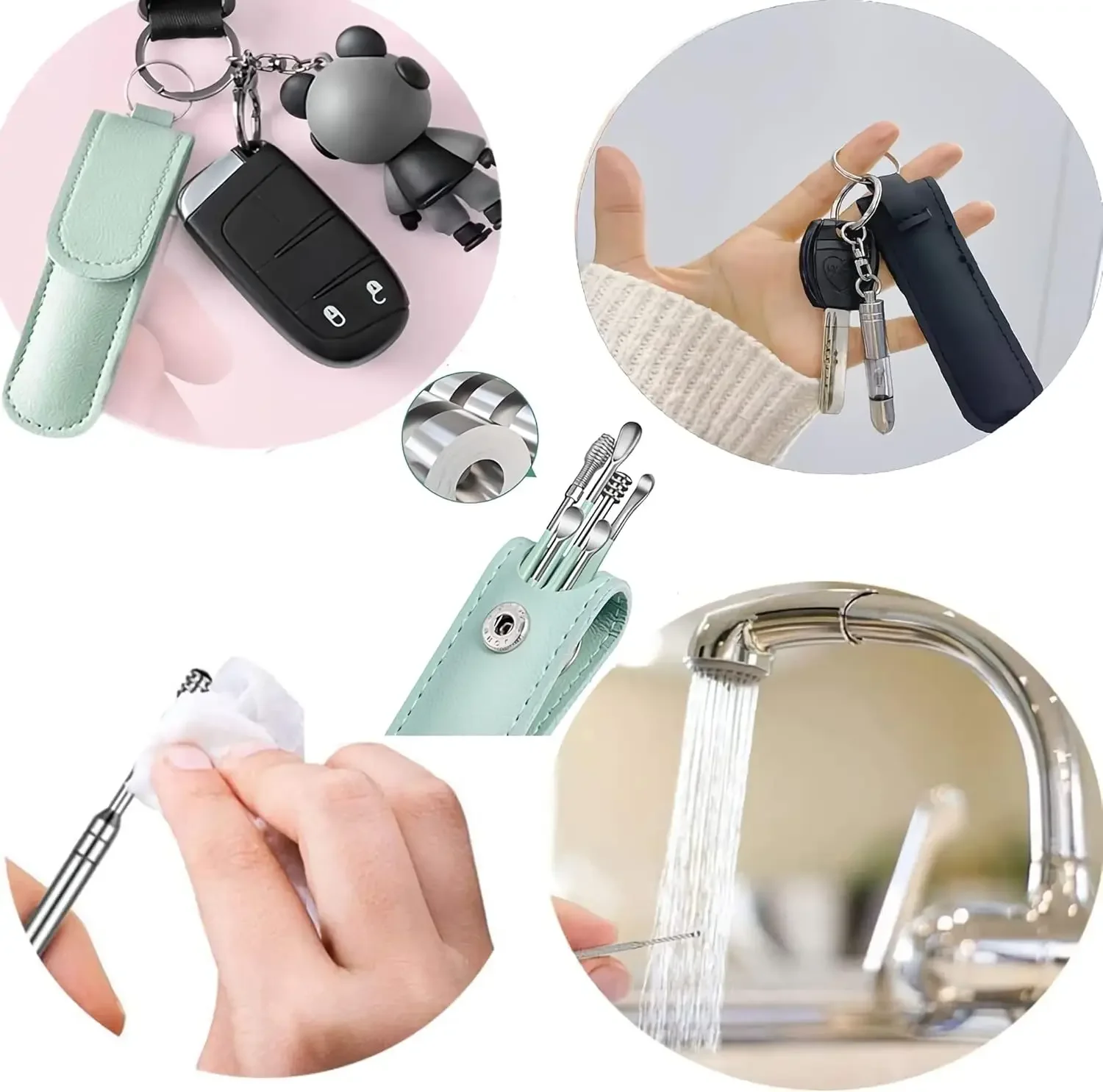 6Pcs Stainless Steel Ear Digging Spoon Leather Cover Cleaner Scoop Double-Headed Spiral Cleaning Health Care Ear Picking Tool 5