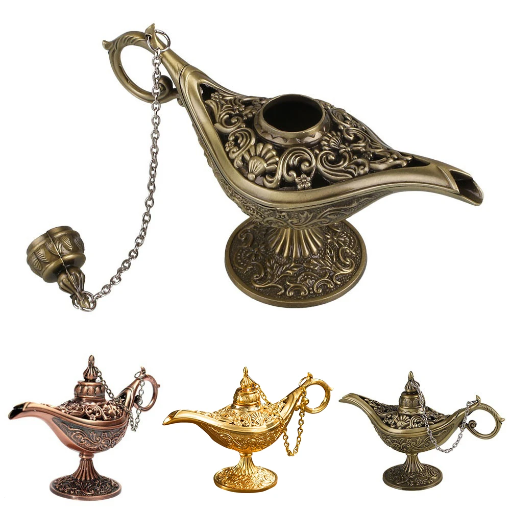 1Pc Craft In Lega Di Zinco Classico Metallo Intagliato Aladdin Lamp Light Wishing Tea Oil Pot Decorazione Collezione Risparmio Arti