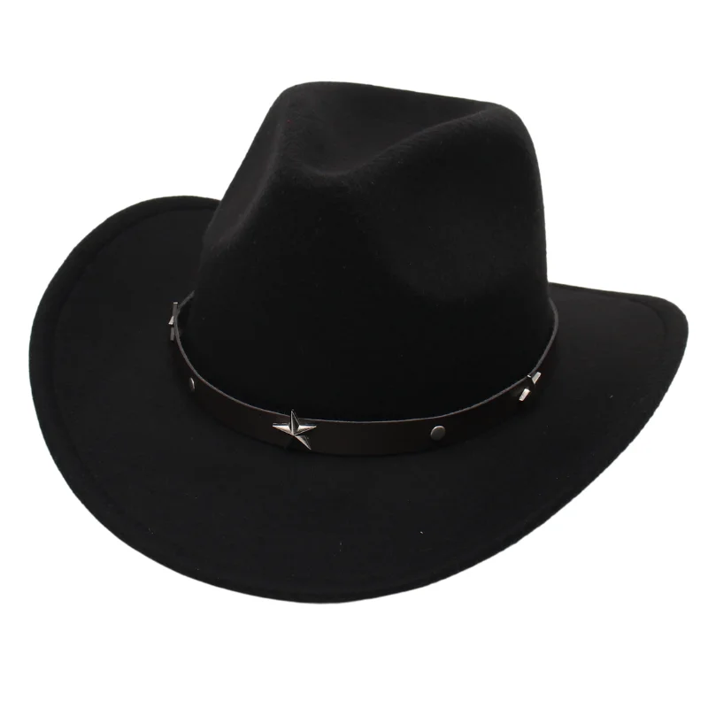 

Jazz Black Western Cowboy Hat Men Travel Curved Brim Country Cowgirl Hat Women Wool Retro Pentagram Knight Felt Hats Wholesale