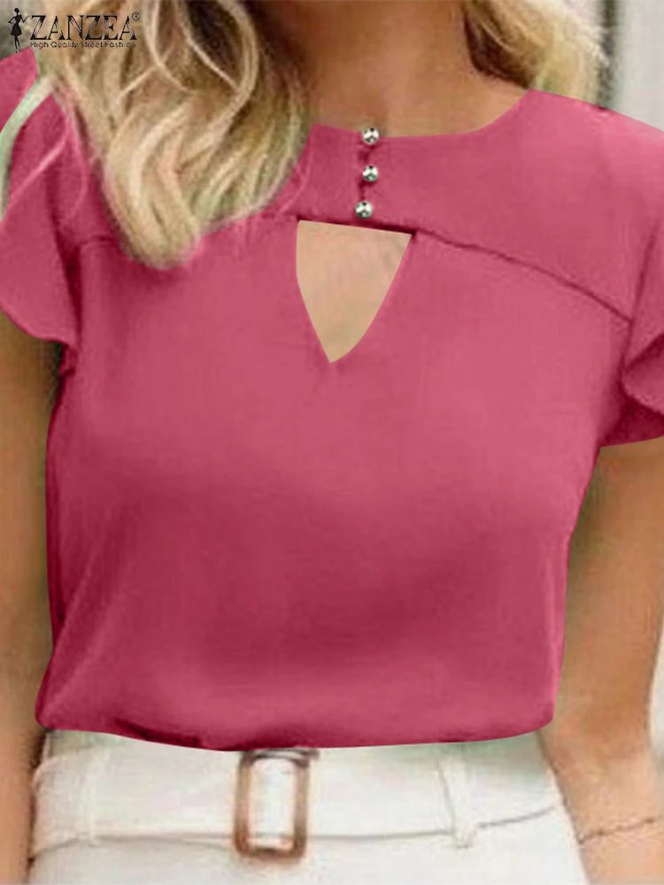 

ZANZEA Fashion Summer Women Elegant Short Sleeve Tops Casual Solid Work Shirt Femininas Hollow Out Blouse Blusas Party Tunic