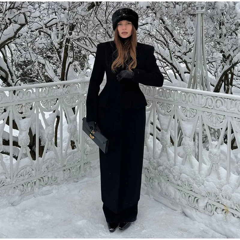 Elegant Hidden Button V-neck Long Coat Women Vintage Classic Waist-cinching Black Tweed Coats Lady Winter Chic Street Overcoats