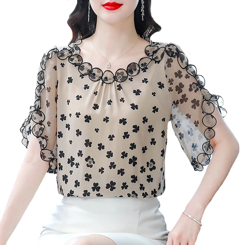 

Женская шифоновая блузка с рукавами-лепестками, Свободные повседневные пуловеры с цветочным принтом, лето 2023