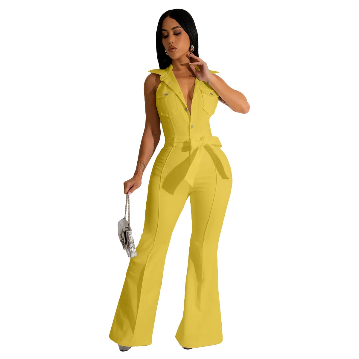 

Женские расклешенные брюки с пуговицами на лацканах, сезон весна-лето, сумка для инструментов, содержит пояс для брюк, платье, пляжный кафтан для женщин, 2023