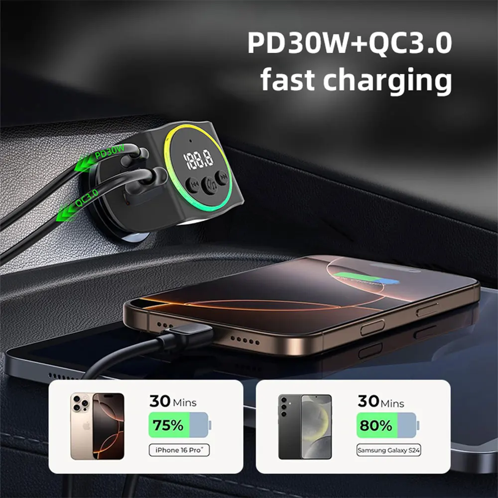 PD30W+QC3.0 Bluetooth 5.3 Car MP3 Player FM Transmitter Wireless Handsfree U Disk Play Music USB Type-C Car Fast Charger Adapter — view 5